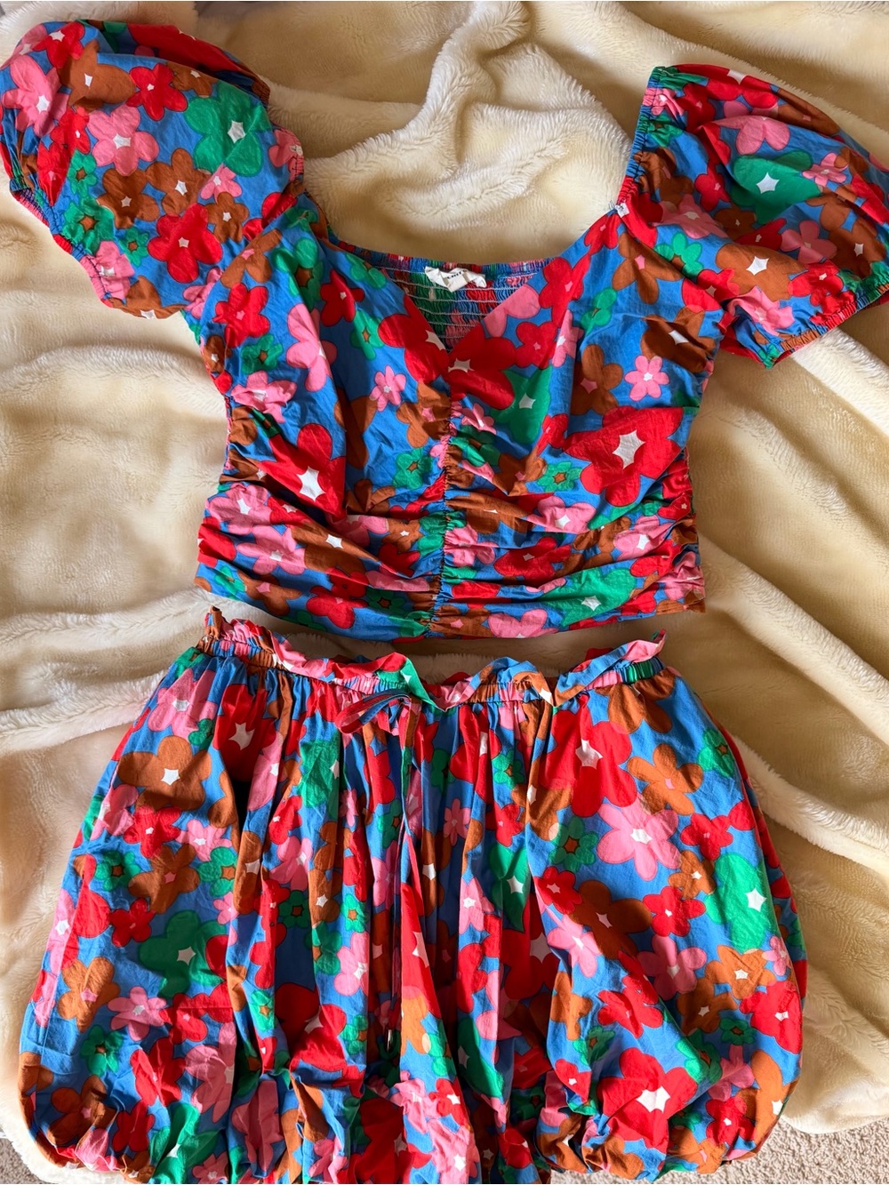entro Bright Floral Two-Piece Skirt Set in Red, Blue, Green, Pink, Brown